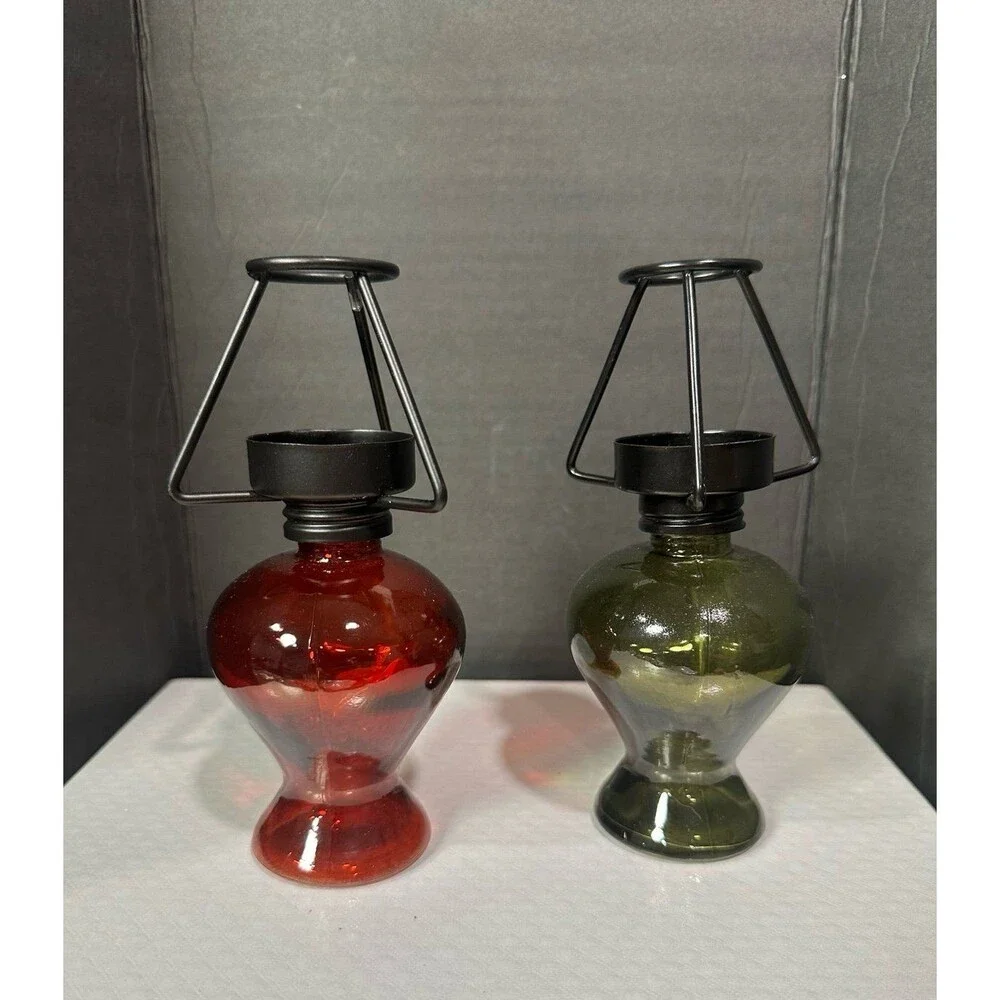 Set of 2 Vintage-Style Mosaic Glass Tealight Fairy Lamps – Red & Green Bases - Picture 2 of 8
